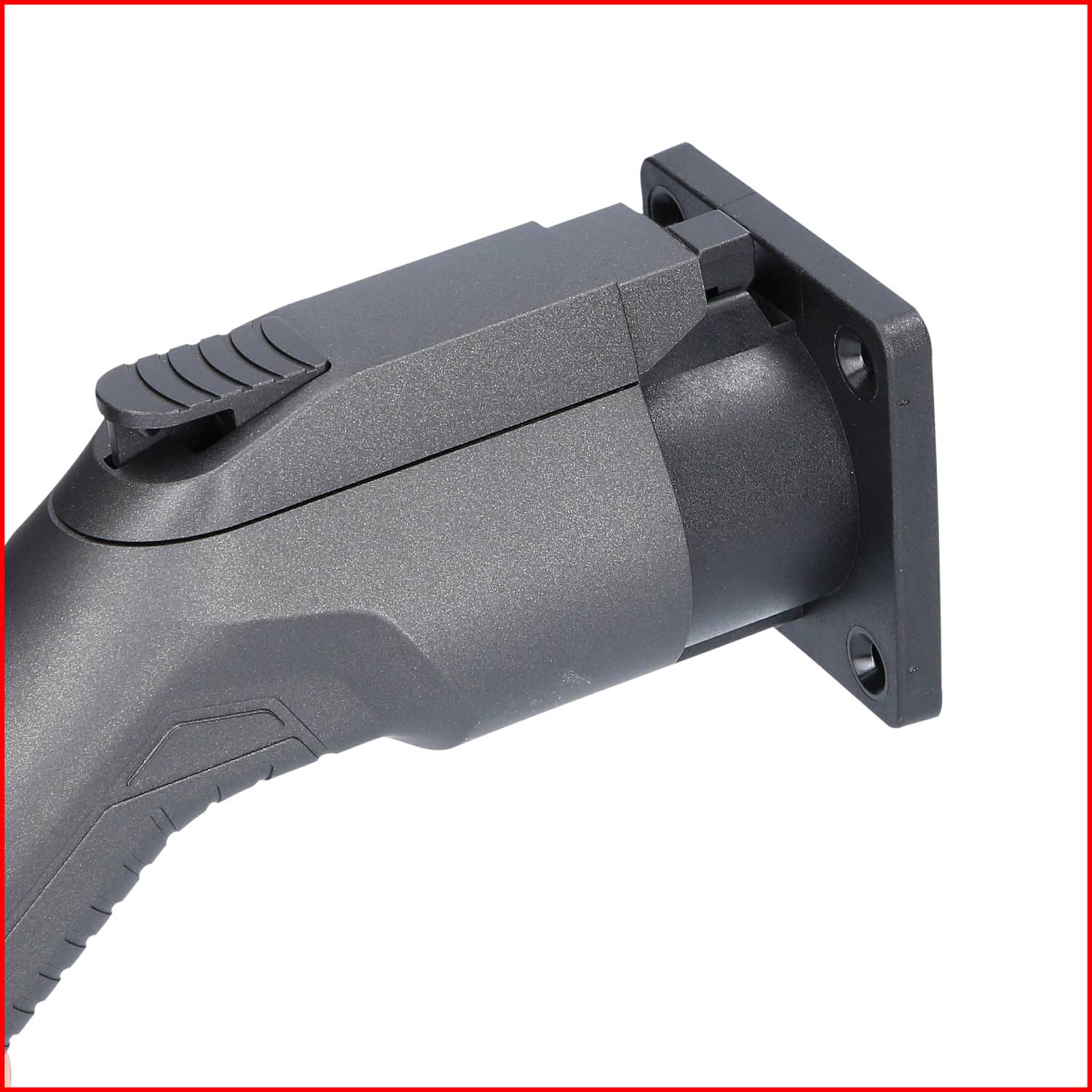 A black, ergonomically shaped handle with an attached rectangular end, possibly part of a tool or device.