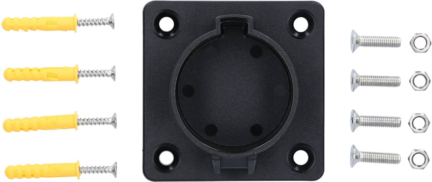 Black socket mounting bracket with four screw holes, yellow plastic wall plugs, metal screws and nuts for fixing.