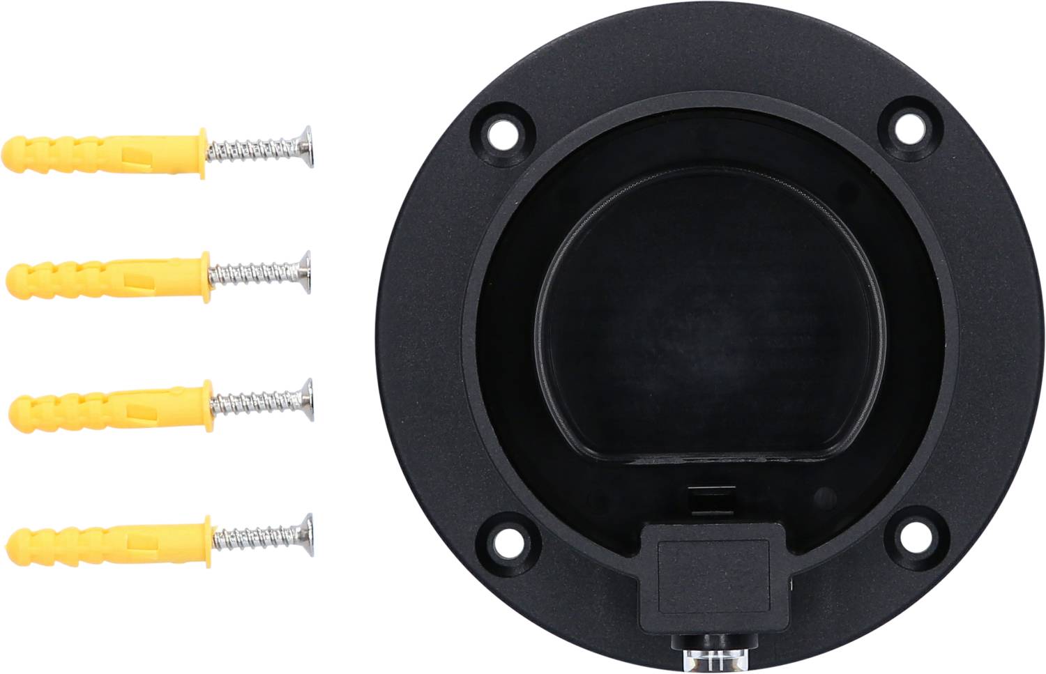 Round black wall mount with four screws and wall plugs. Suitable for fixing devices or accessories to the wall.