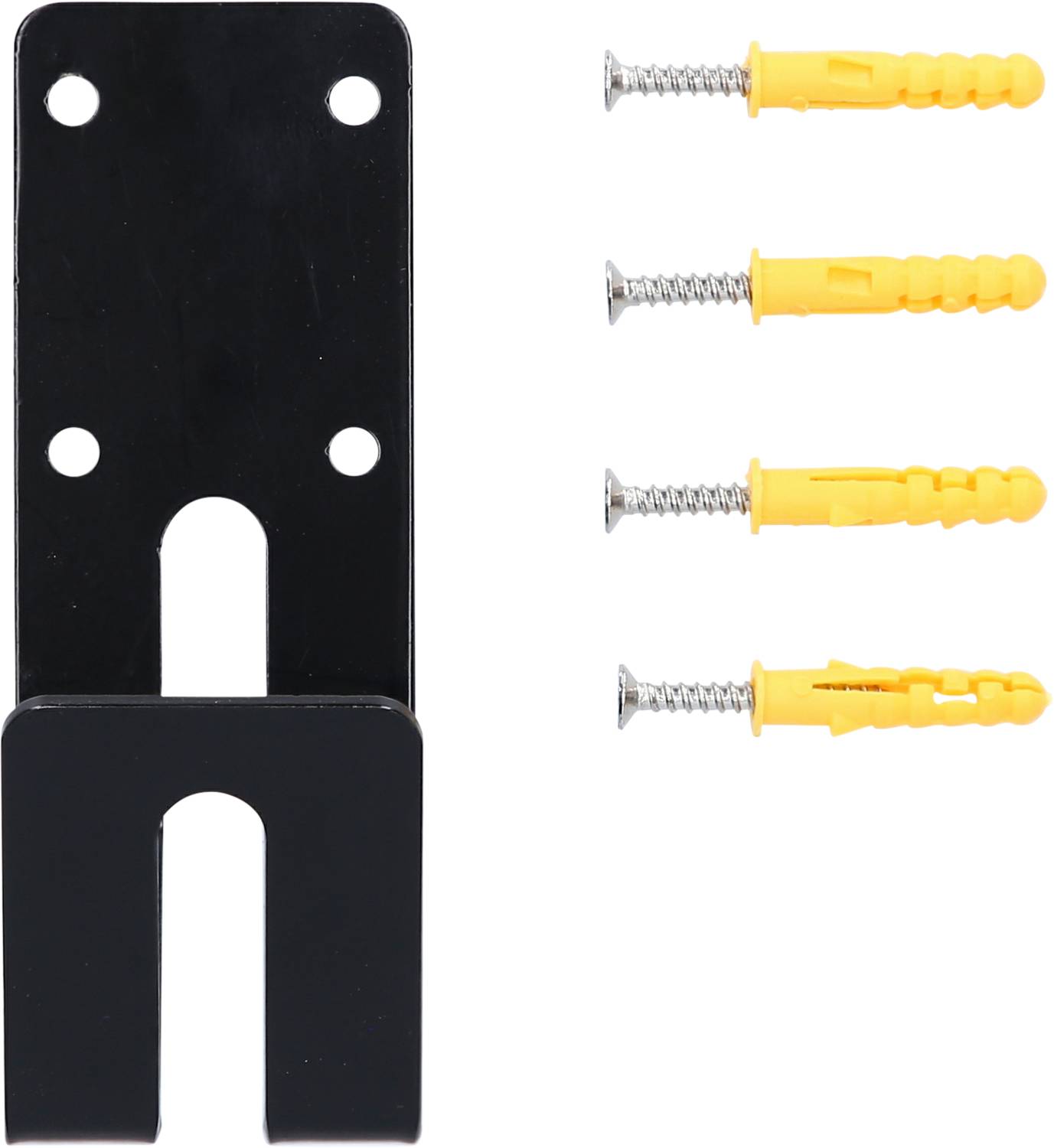 Black metal wall bracket with two mounting holes. Three yellow wall plugs with screws positioned next to it.