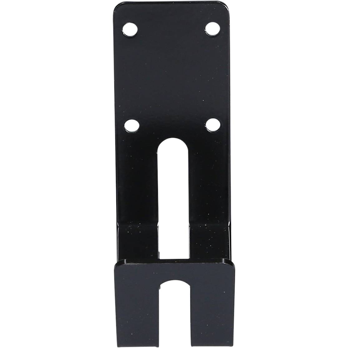 Metal angle bracket, black powder-coated, with four mounting holes and a central opening for cable routing.