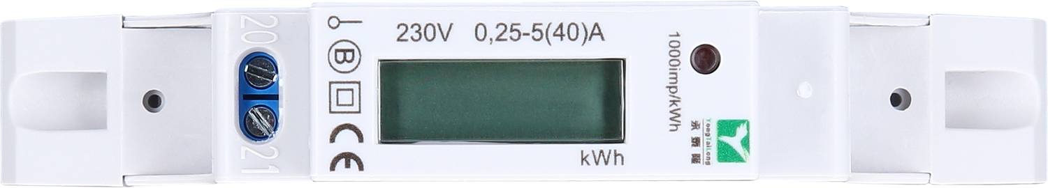 Electricity meter measuring power consumption, displaying 230 V and 0.25-5(40) A on a digital display.