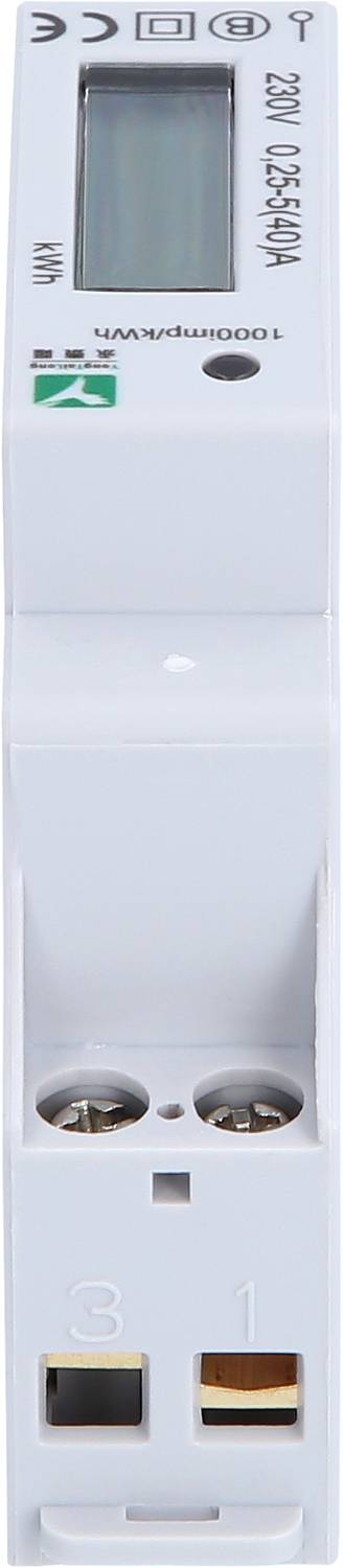 White electronic device with digital display on top, two connection terminals at the bottom, with symbols and numbers on the front face.
