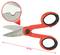 Red scissors with a black handle, length 143 mm. Detailed view shows precisely sharpened blade. KS Tools brand on the blade.