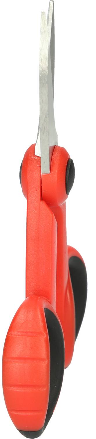 Red scissors with black handles, vertically positioned. Cutting edge facing upwards, suitable for crafting or office use.