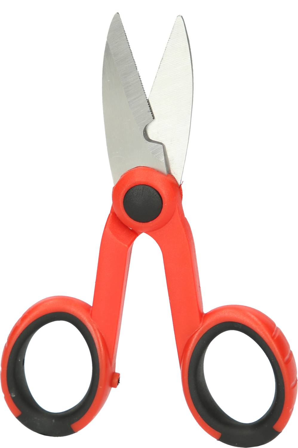 Red scissors with a black handle, open.