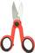 Red scissors with a black handle, open.