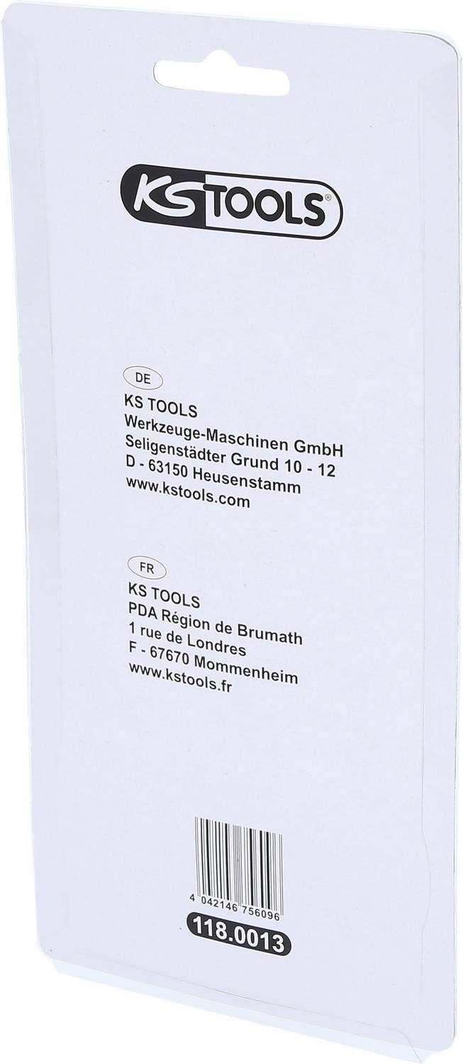 'Reverse side of a KS Tools packaging with company address in Germany and France and an article number 118.0013.'