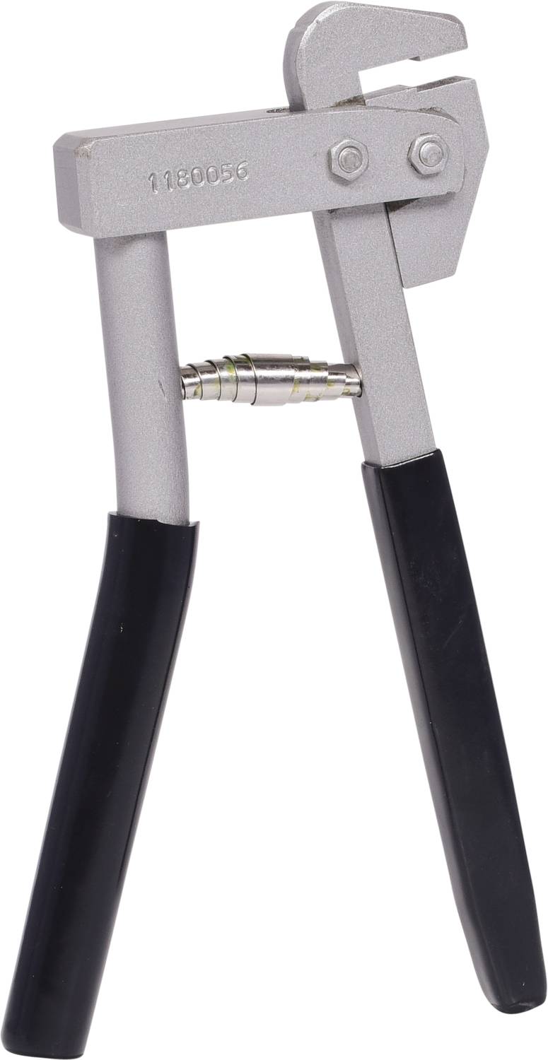 A silver pair of pliers with a black handle, used for bending sheet metal.