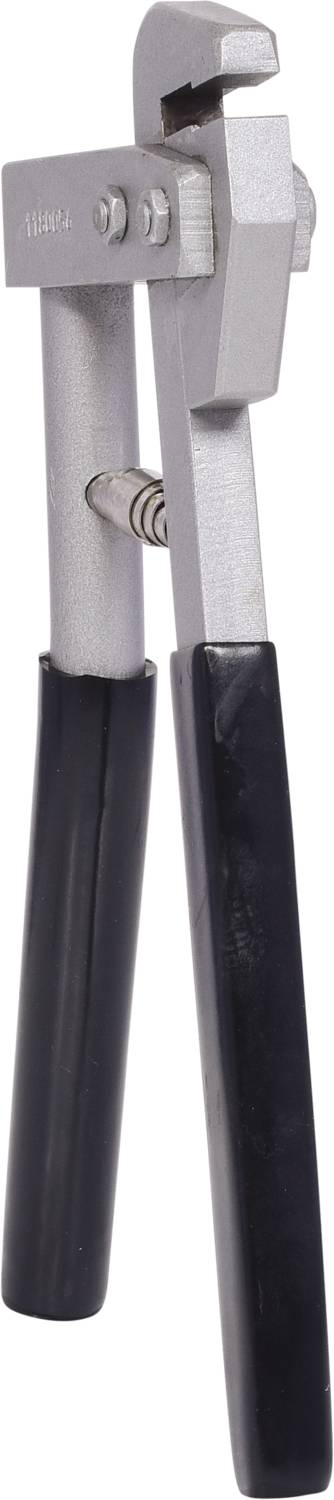 A silver pair of pliers with a black plastic handle. They have a hinge mechanism and are suitable for gripping and turning objects.