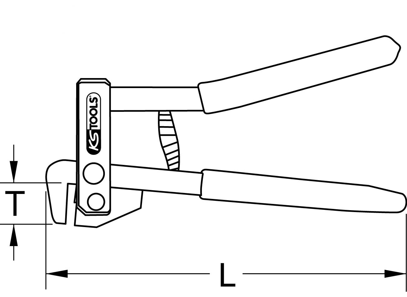 Figure of a pair of pliers with markings 'T' for the pliers head size and 'L' for length. Manufacturer's logo on the pliers.