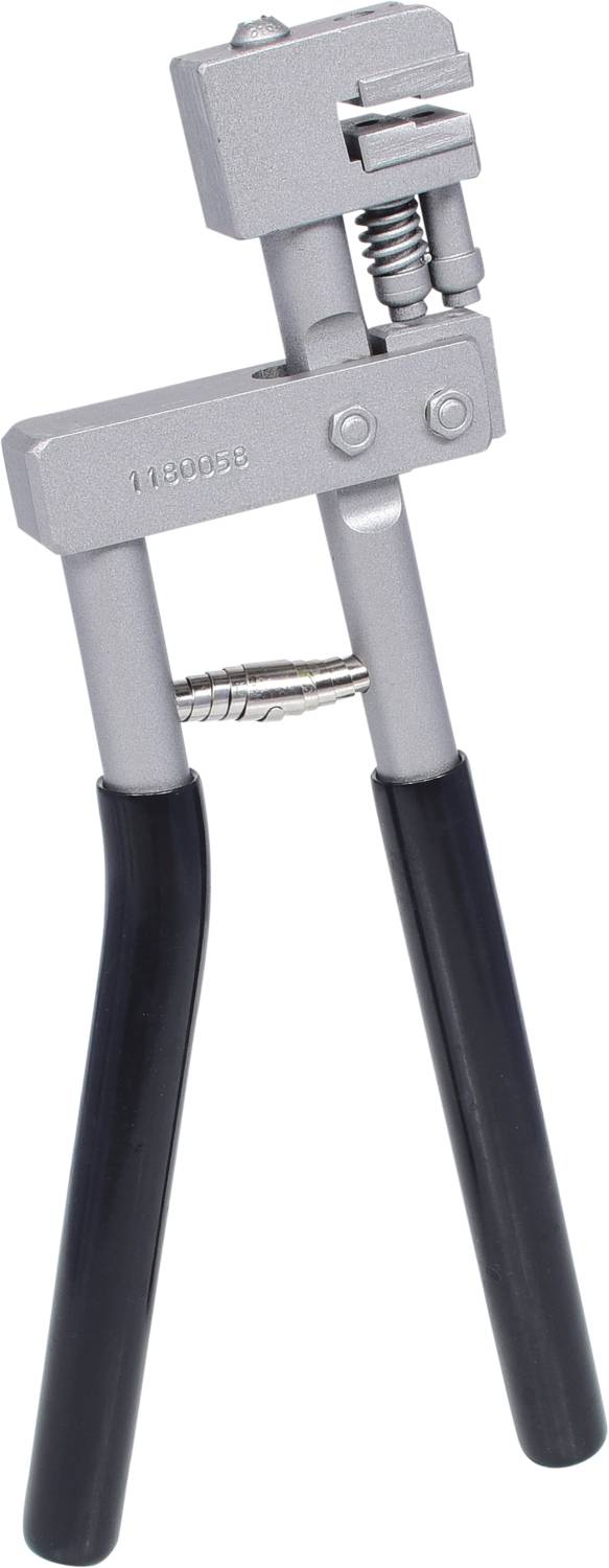 Hand punch with black handle; tool for creating recesses or holes in sheets or similar materials.