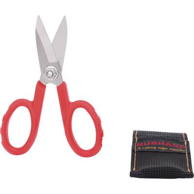 Red scissors with ergonomic handles, alongside a black protective cover with red lettering 'Nusharp'.
