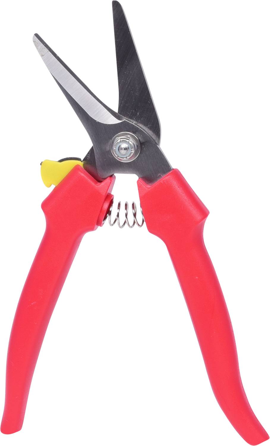 Red pruning shears with a silver blade and yellow safety lock, suitable for cutting plants and branches.