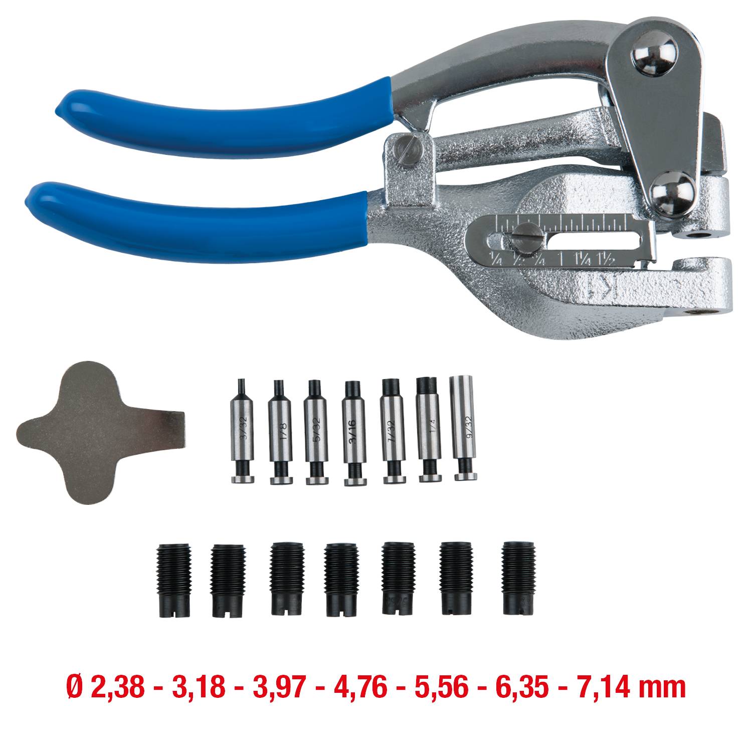 Punch pliers with blue handles, seven interchangeable punch heads and a matching key for various hole sizes ranging from 2.38 to 7.14 mm.