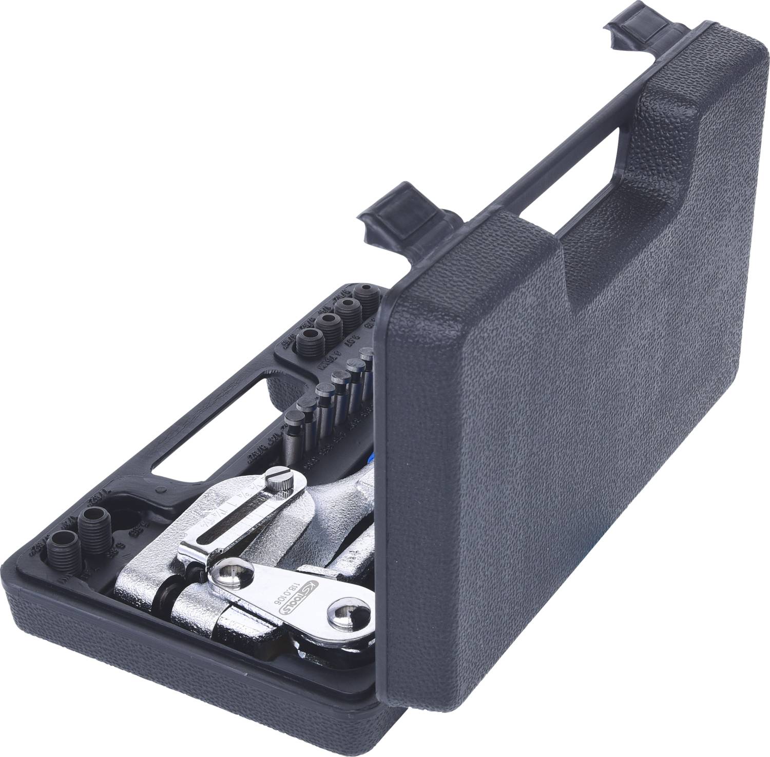 'An opened black tool case displays pliers and various tool inserts.'