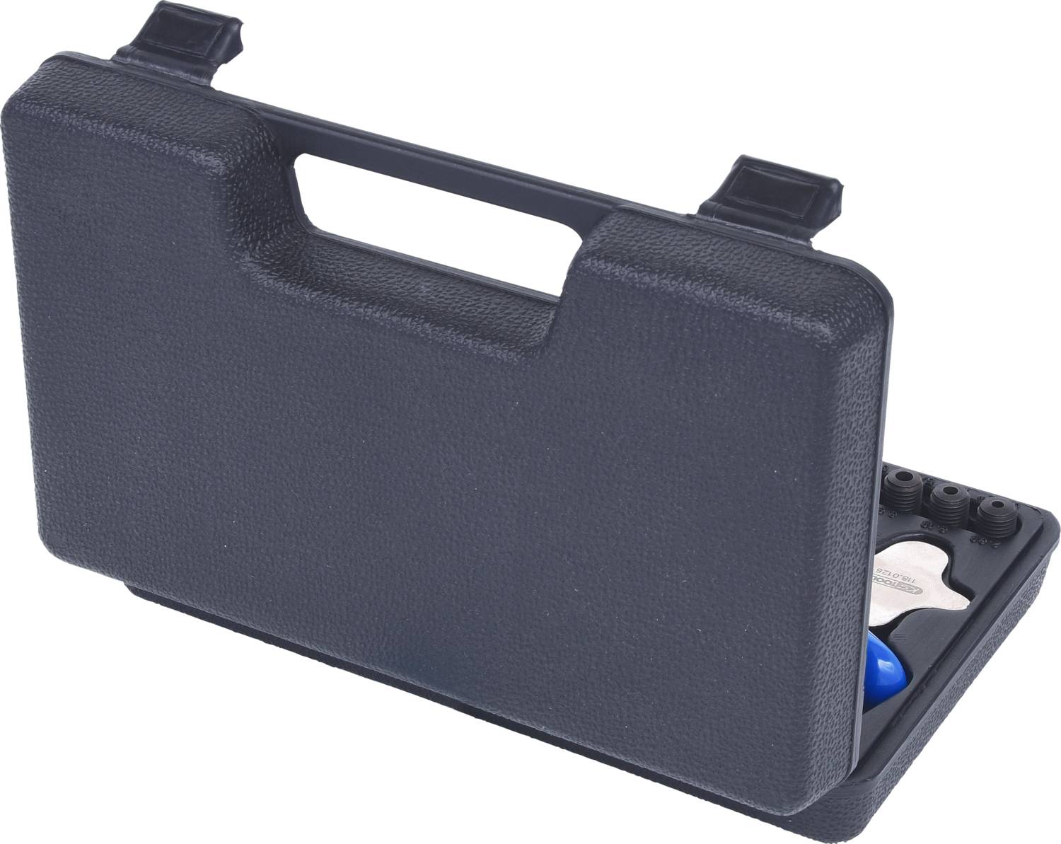 A black tool case with integrated tools including pipe expanders. Dimensionally stable and portable, perfect for workshop tasks.