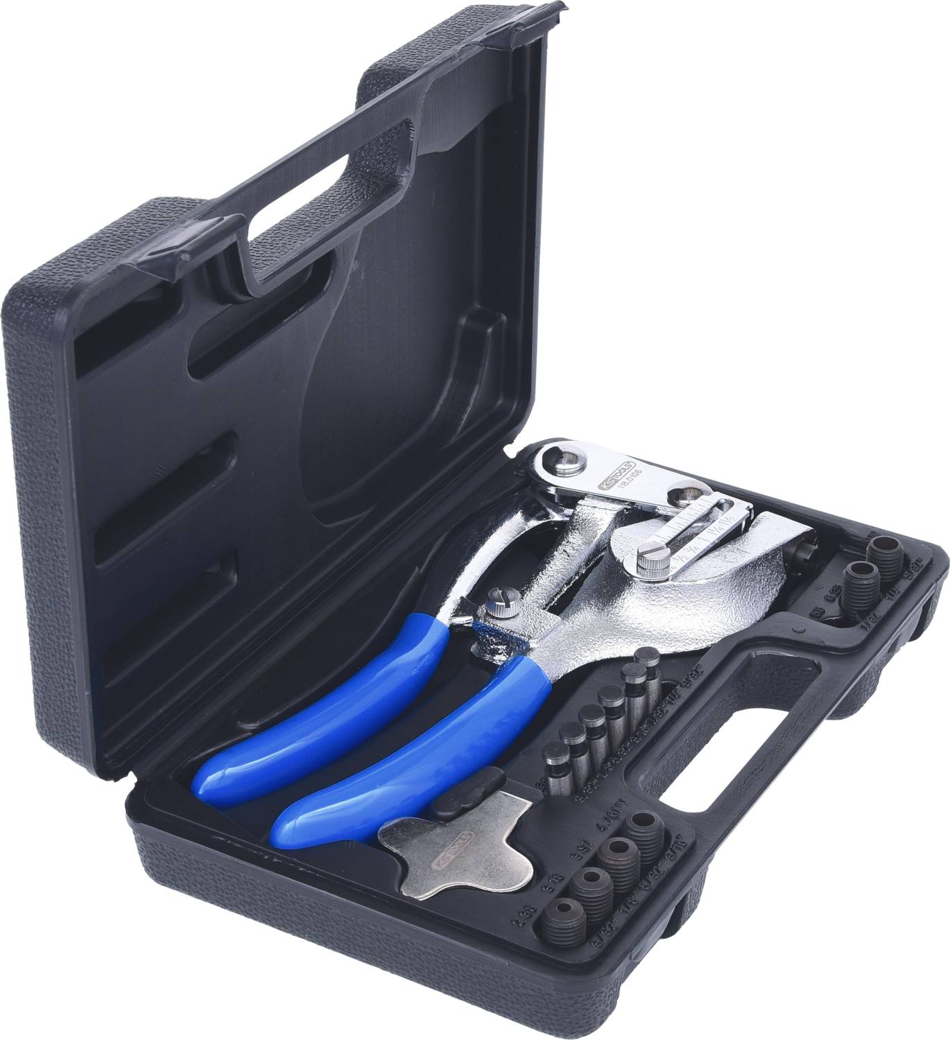 An open black toolbox containing a pair of pliers with blue handles and various screwdriver bits.