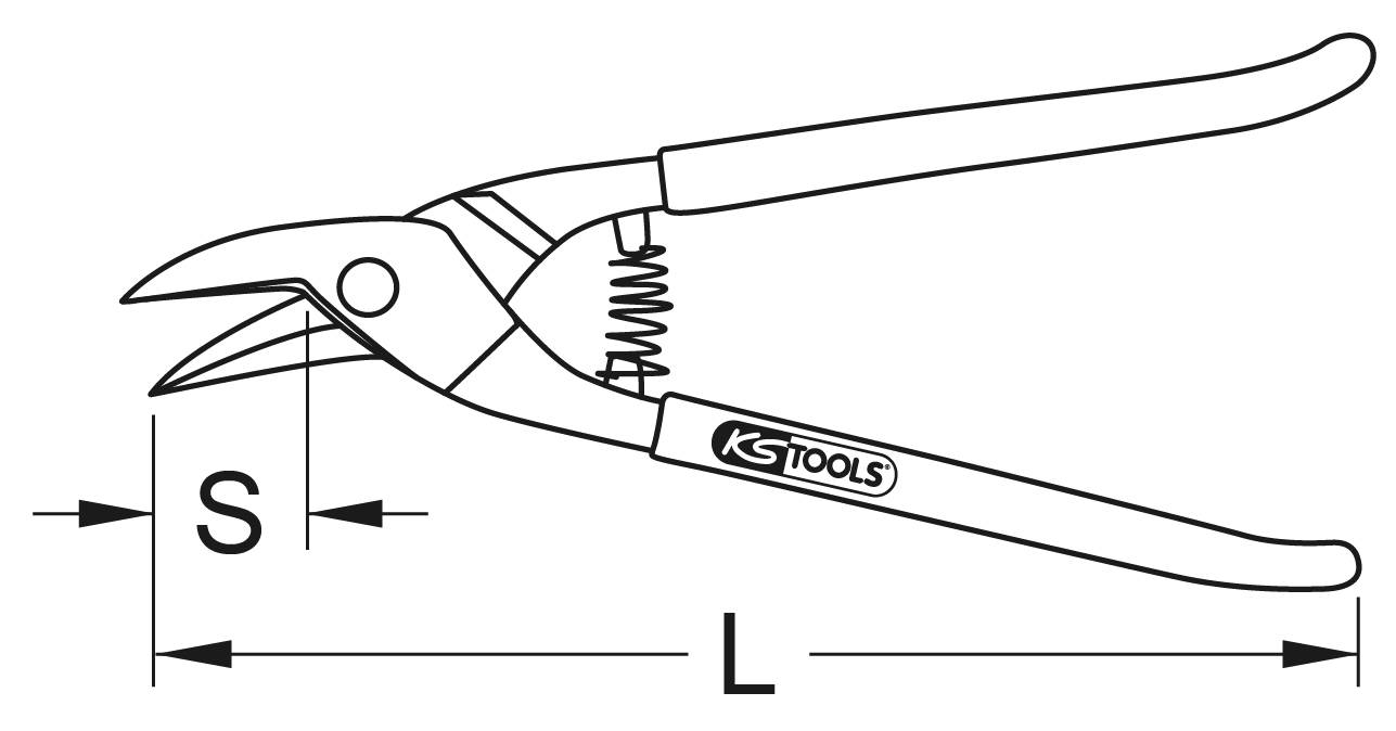 Line drawing of a spring-loaded scissors with two handles and a cutting blade. Markings indicate dimensions 'S' for cutting area and 'L' for overall length.