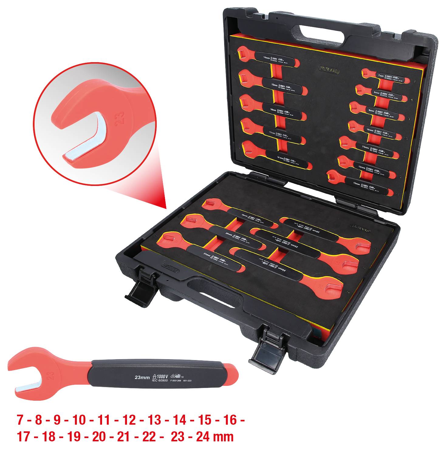 An open case containing 12 red ring spanners, sizes ranging from 7–24 mm, set on a black foam insert. Tools and size indicators prominently displayed.