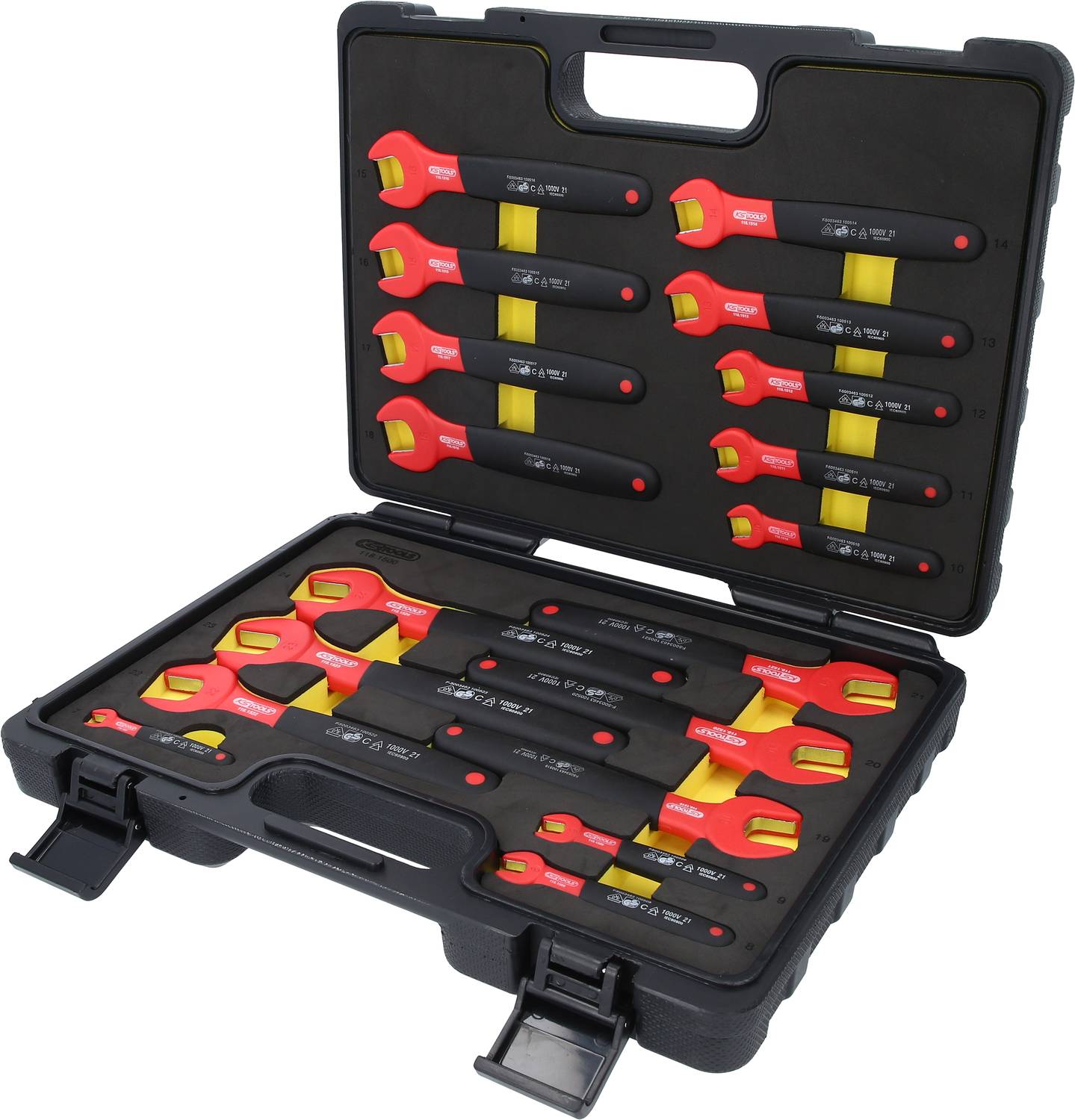 Black tool case with 14 red and yellow spanners of various sizes, neatly arranged in two layers.