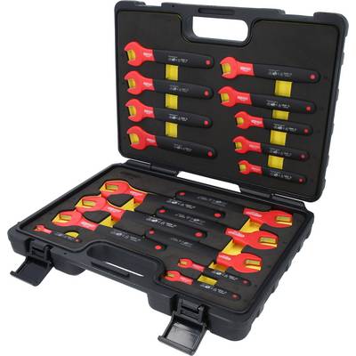 Black tool case with 14 red and yellow spanners of various sizes, neatly arranged in two layers.