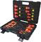Black tool case with 14 red and yellow spanners of various sizes, neatly arranged in two layers.