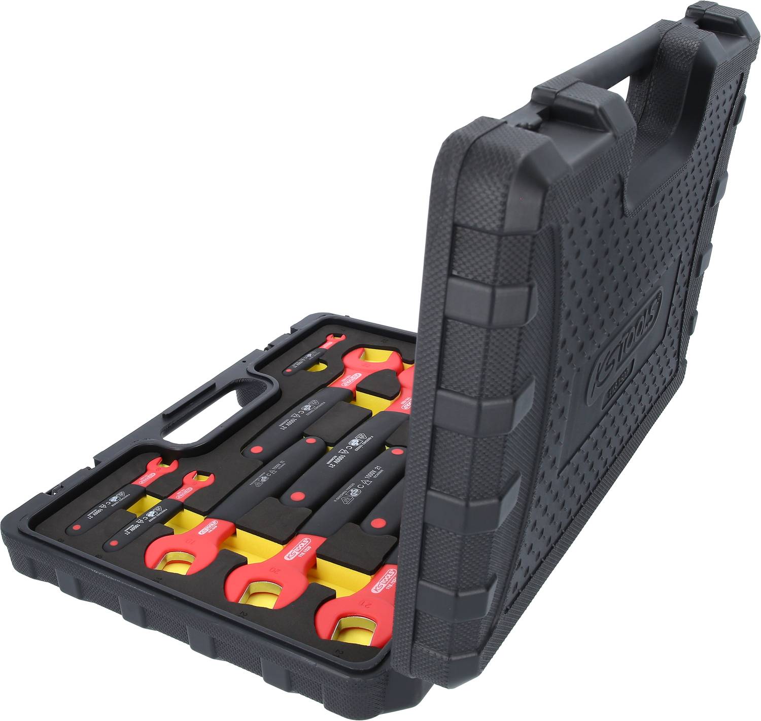 Black plastic case with a set of insulated spanners and pliers, suitable for electrical work.