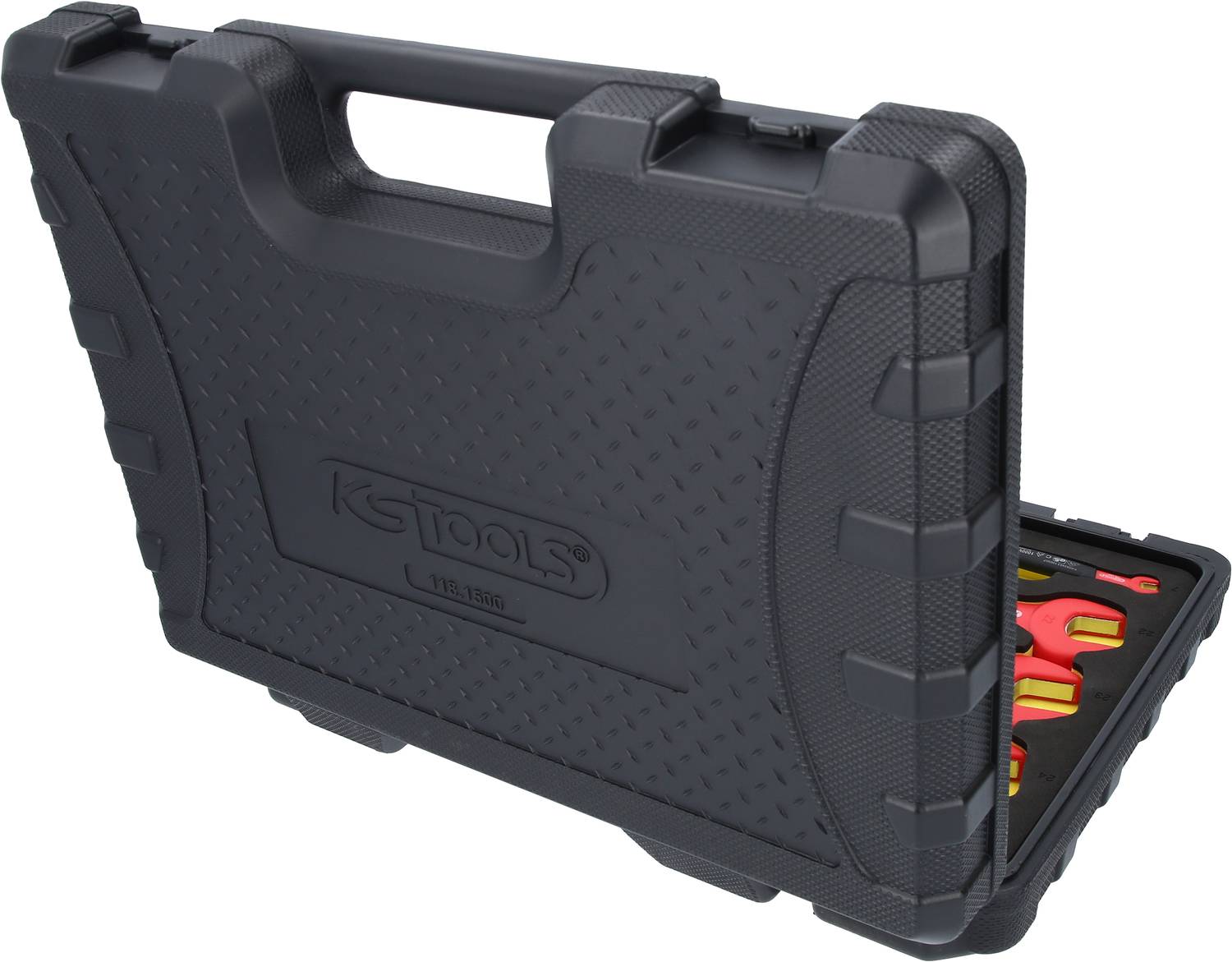 A black tool case with the 'KS Tools' logo on the front, partially open, revealing yellow and red tools inside.