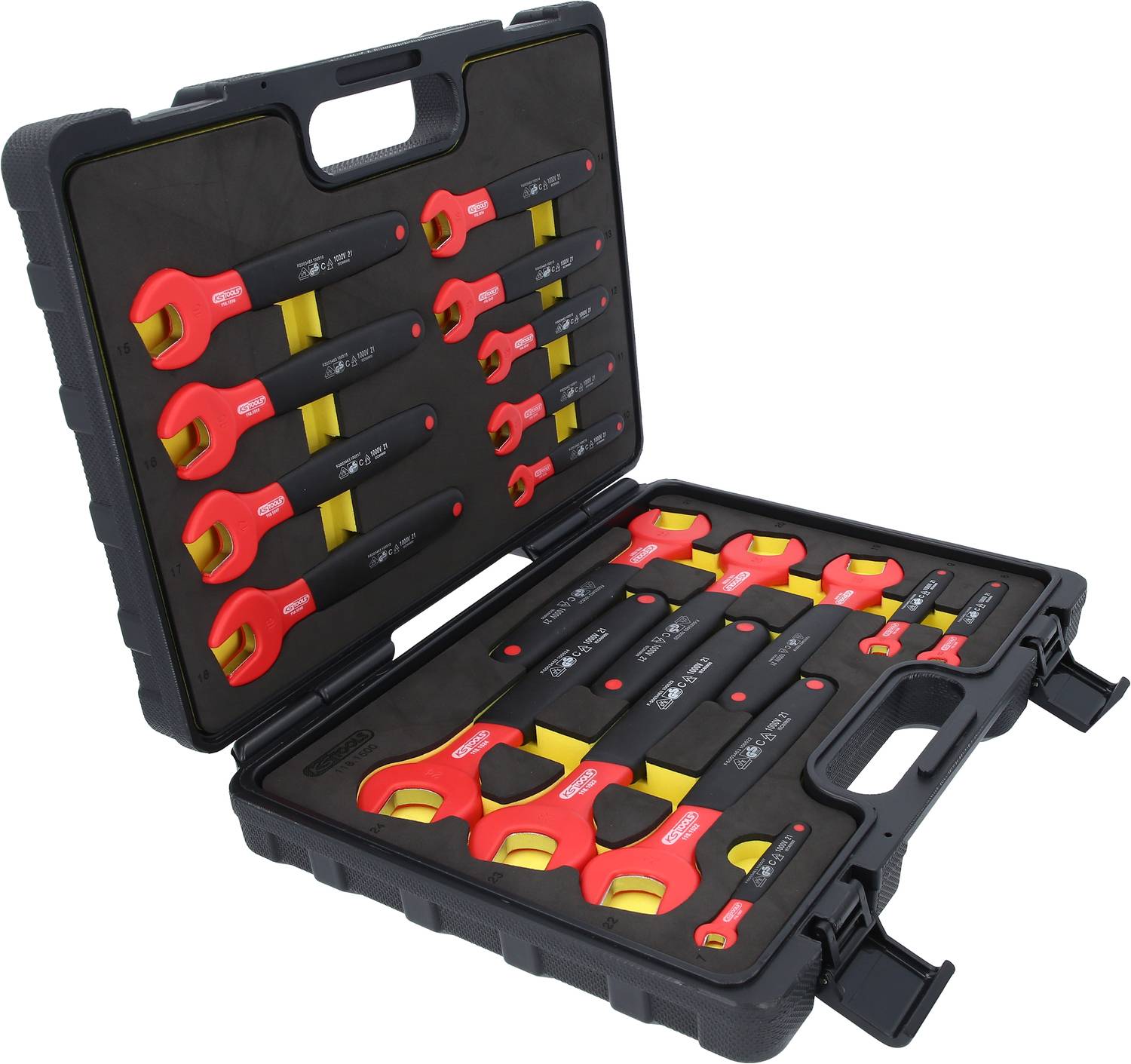 Open black toolbox with various red and yellow spanners arranged in neat compartments.
