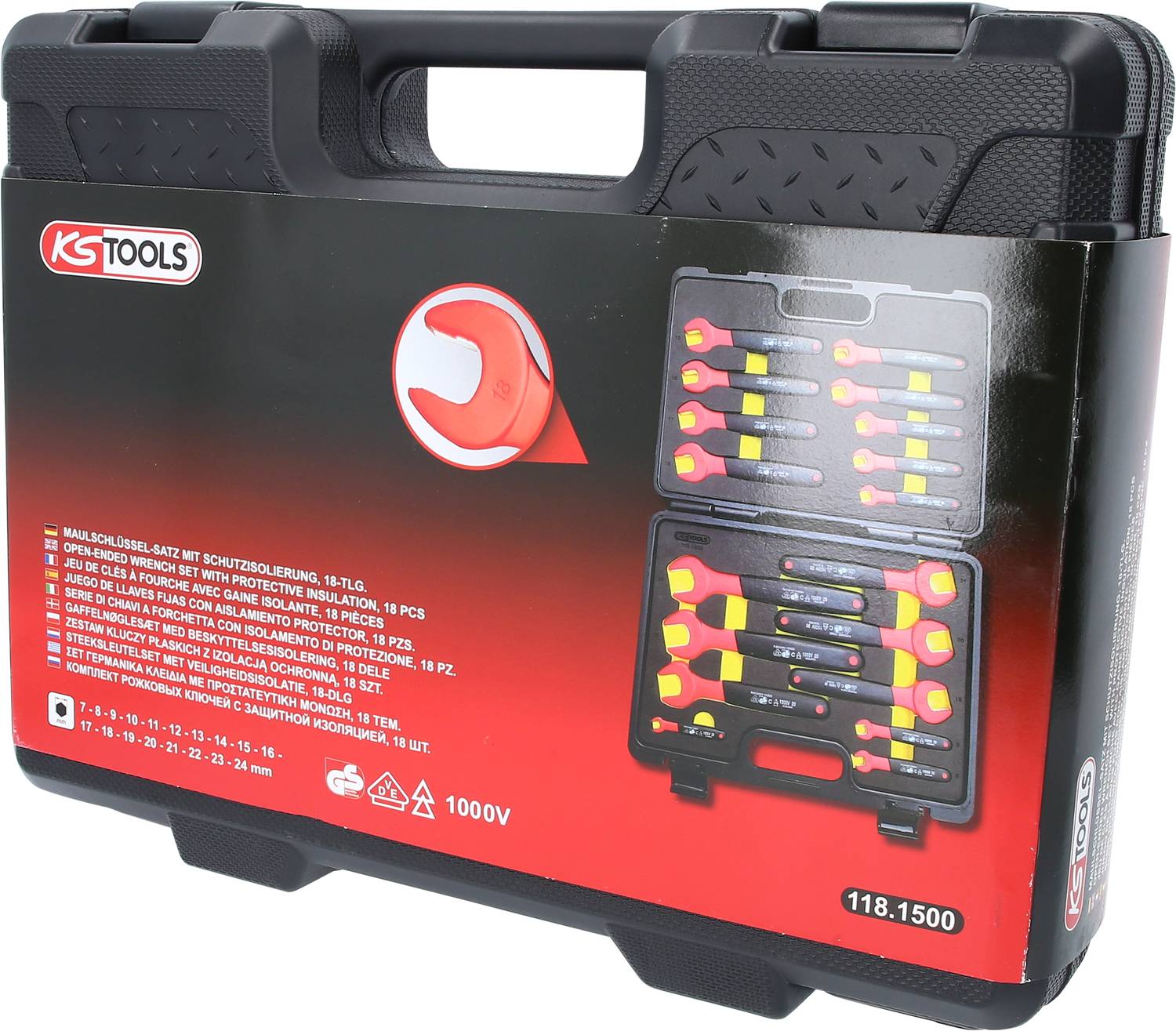 'KS Tools' Insulated Spanners Toolbox with 1000V Protection, 18-piece Set. When opened, it displays neatly arranged tools.
