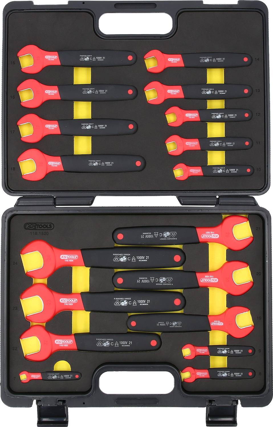 A set of isolated spanners in various sizes in a black plastic case with foam lining.