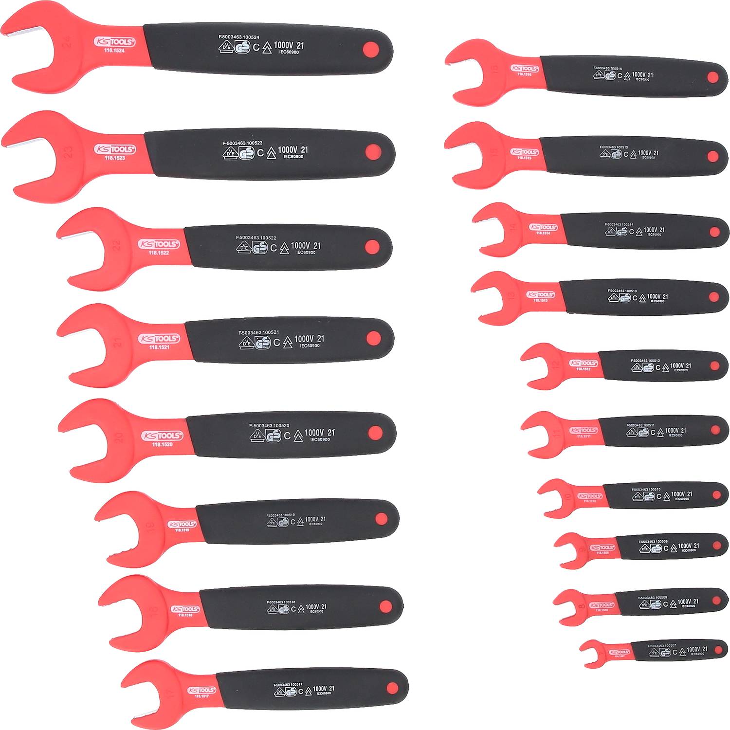 Red and black isolated spanners in various sizes, arranged in two rows. They are marked as electrician's tools.