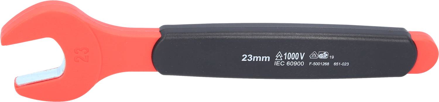 A 23 mm insulated key with a black handle and red ends, suitable for work up to 1000V, in accordance with IEC 60900 standard.