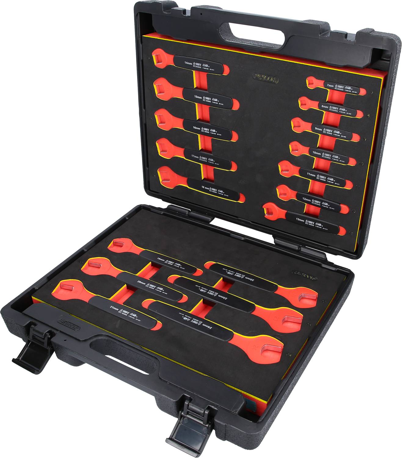 An open suitcase containing a set of red ring spanners in various sizes, neatly arranged in custom foam cut-outs.
