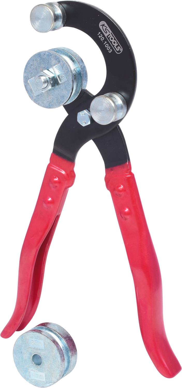 A red screw clamp with a black and silver mechanism, used for bending or holding metal or workpieces.