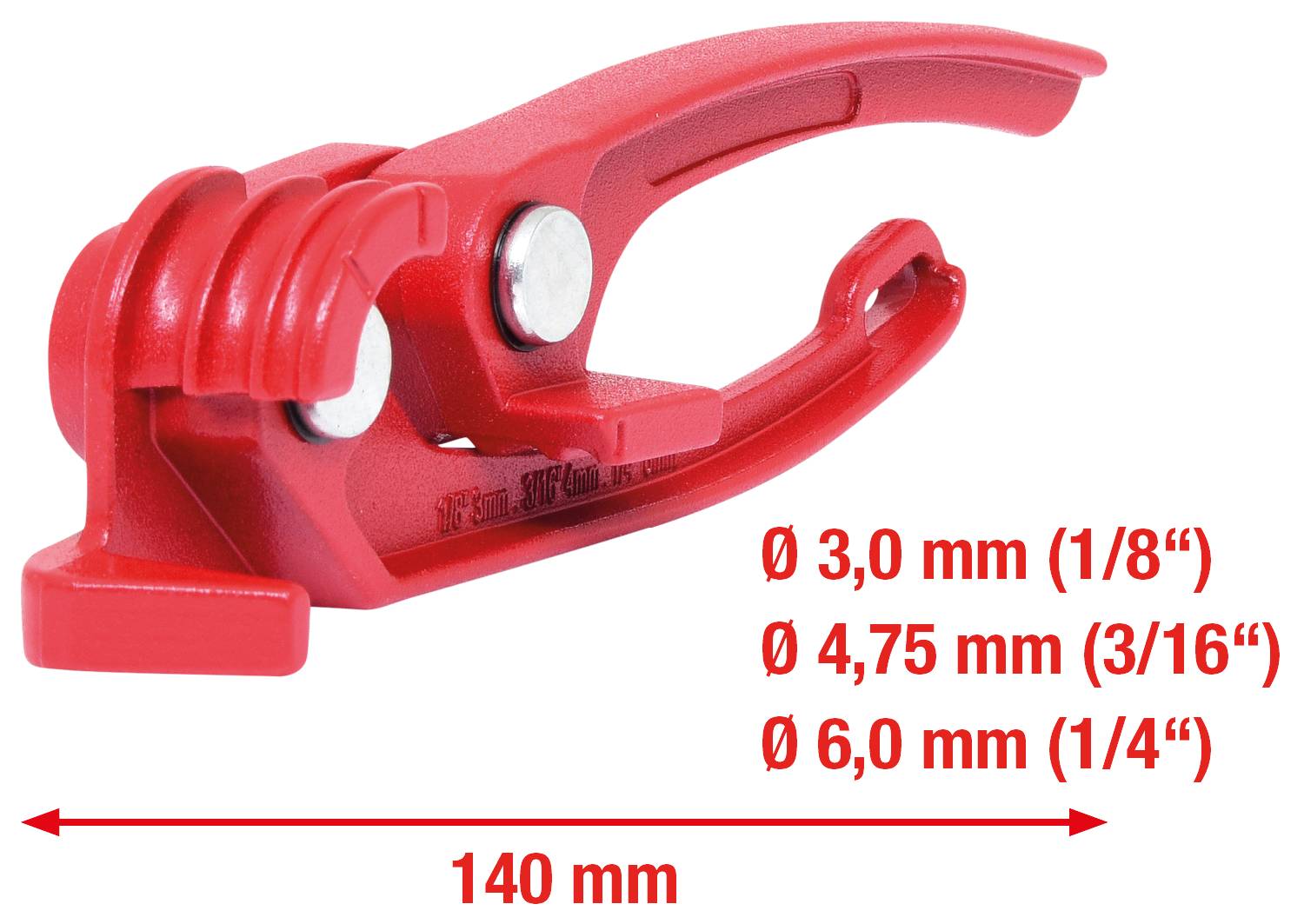 Red pipe cutter shows size specifications: diameter 3.0 mm, 4.75 mm, 6.0 mm; length 140 mm.