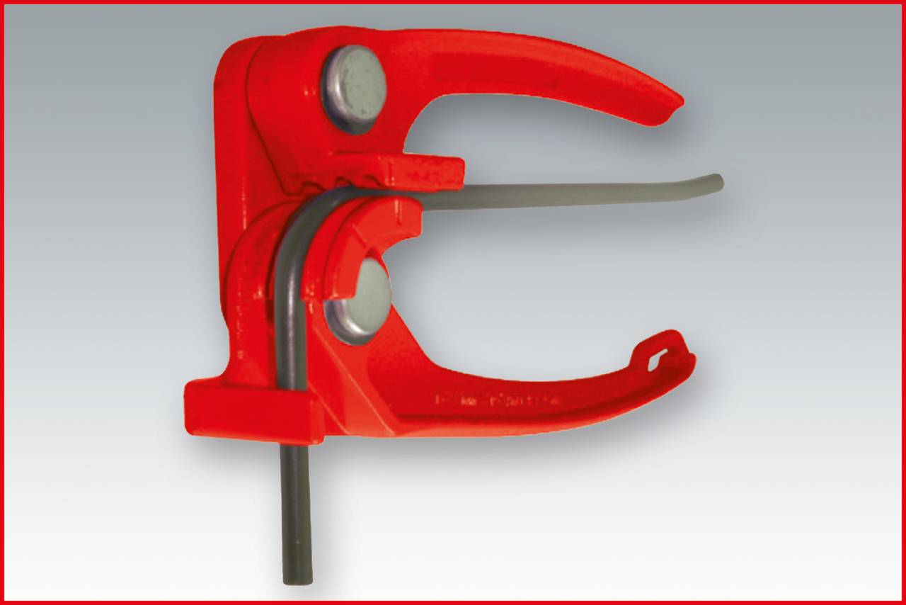 A red pipe cutter with two handles and two metal rods, set against a grey background. Primarily used for cutting pipes.