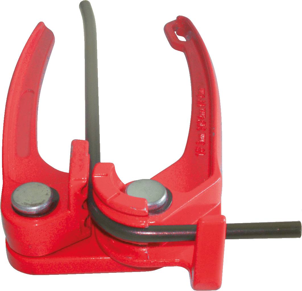 Red tube bending device with two levers and black rod, used for flexible tube shaping. Suitable for craftsmen.