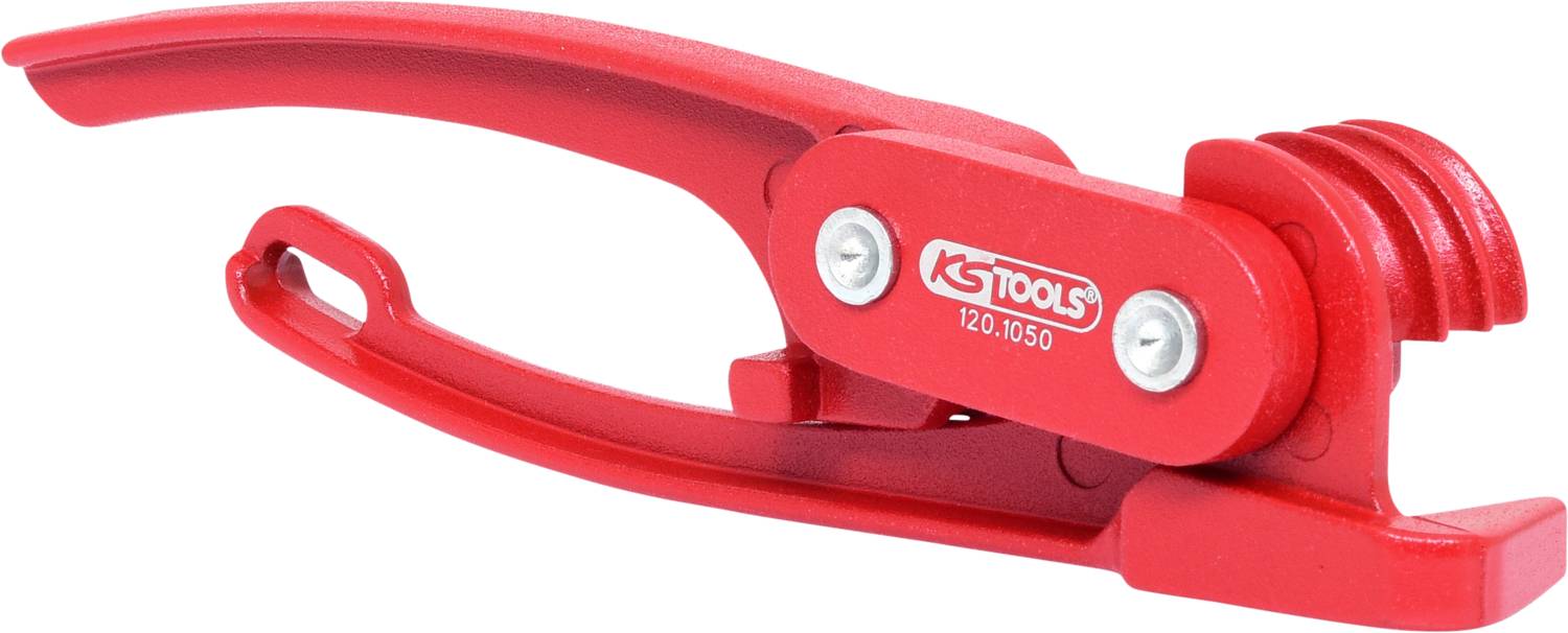 Red metal pipe bending tool made of metal, marked with the 'KS TOOLS' logo. It is used for precise pipe bending in installation engineering.