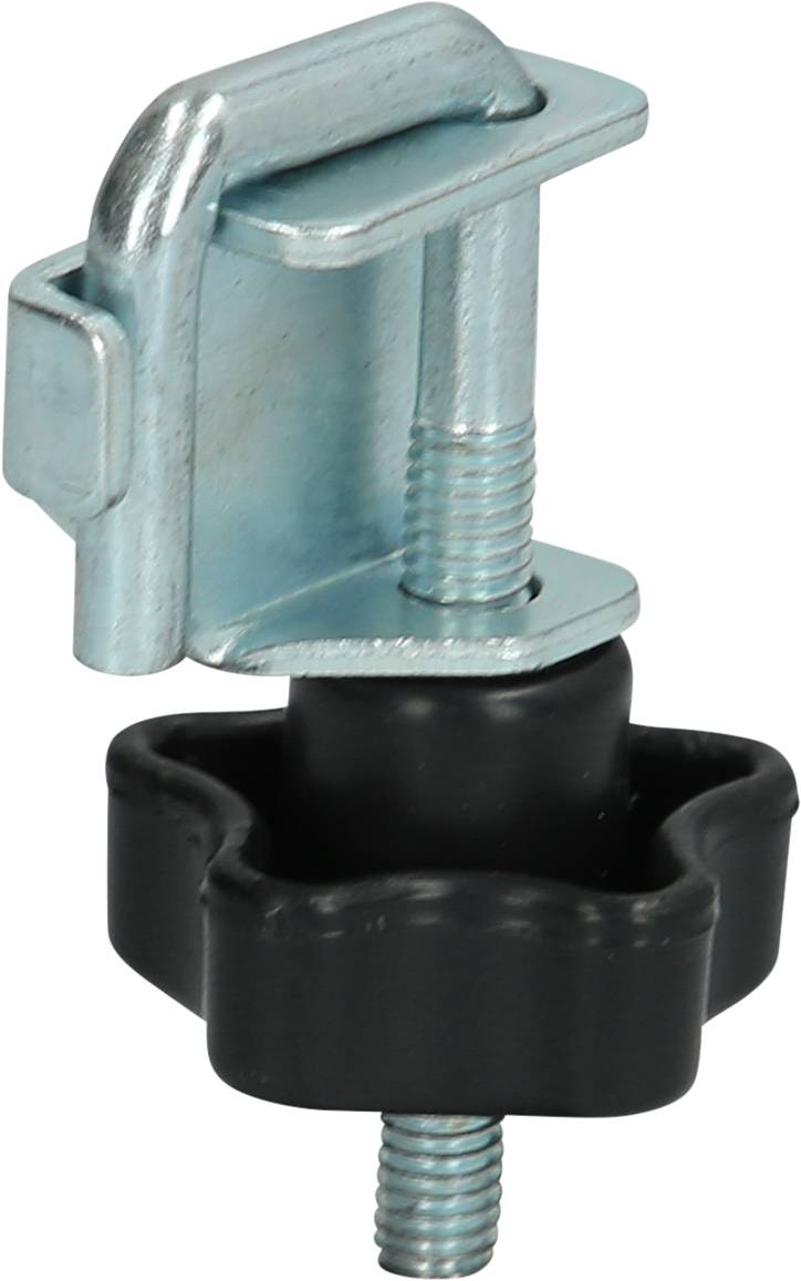 A metal clamp with a black plastic handle and screw. It is used for fixing or adjusting equipment.