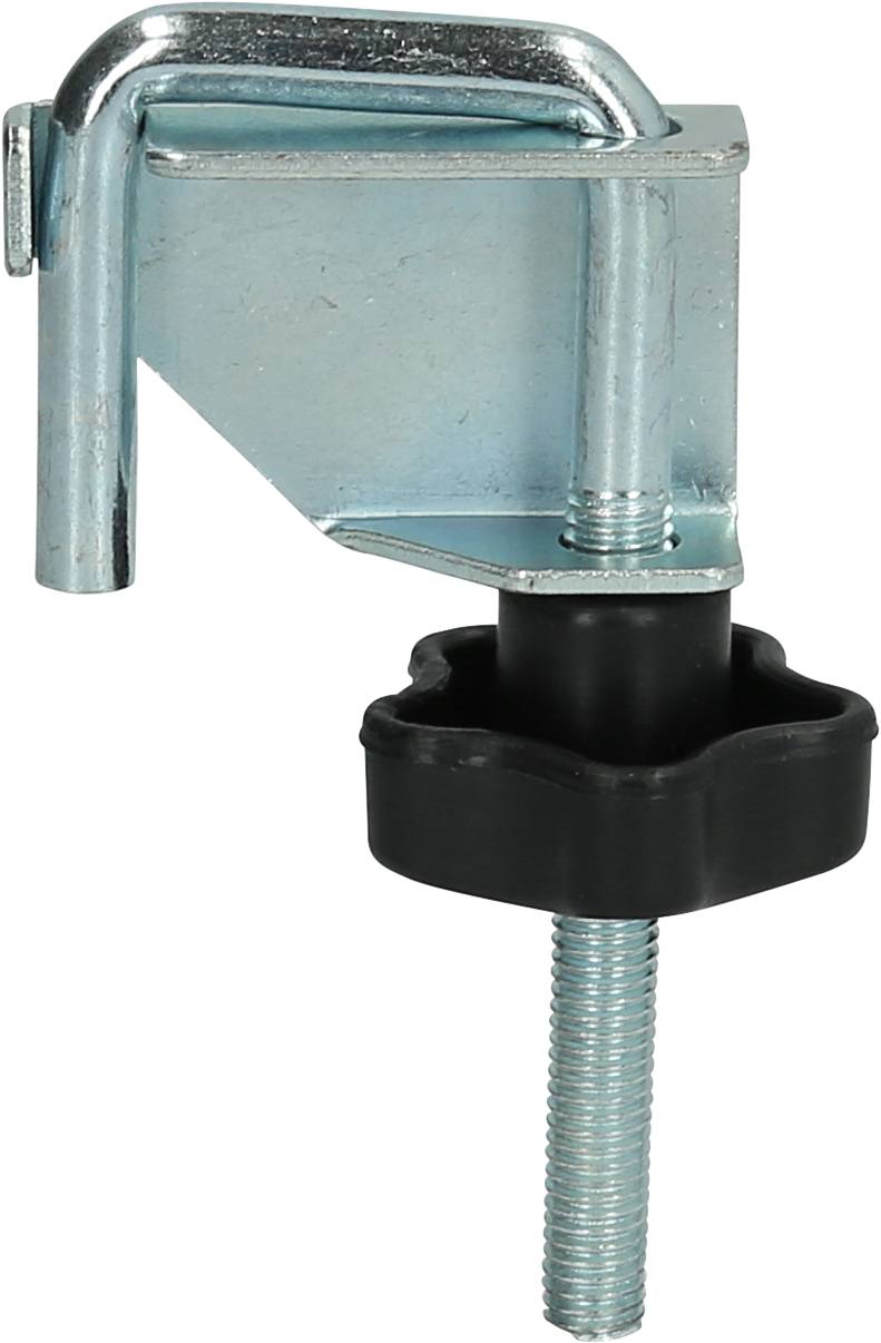 Metal angle bracket with adjustable screw, suitable for fixing to surfaces. The screw is embedded in a black plastic handle.