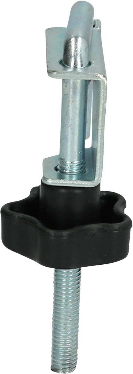 A silver screw with a black turning knob and metal hook on top. Used for fastening or adjustment purposes.