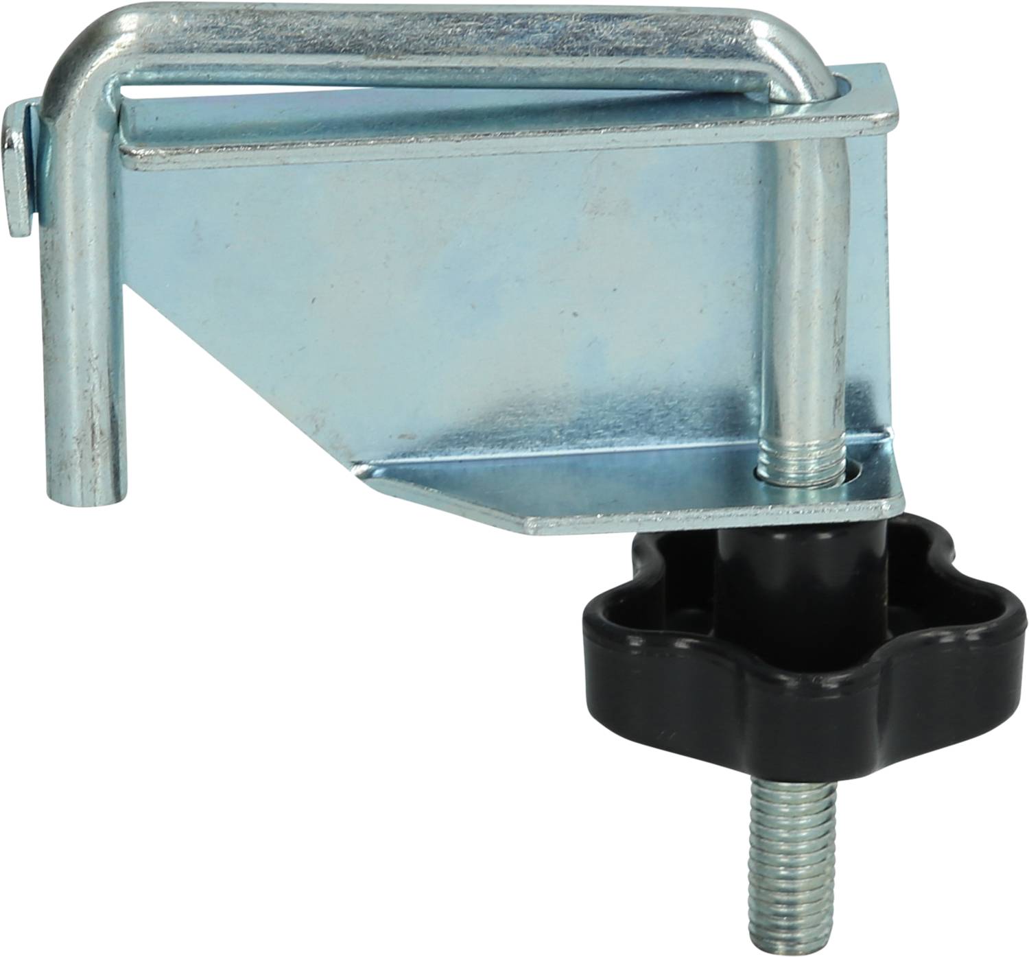 Metal clip with black, star-shaped screw for fixing to flat surfaces, with a shiny galvanised finish.