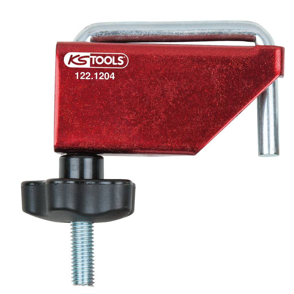 A red tool from KS Tools, model number 122.1204, with a black rotary knob and a metal handle, is shown.