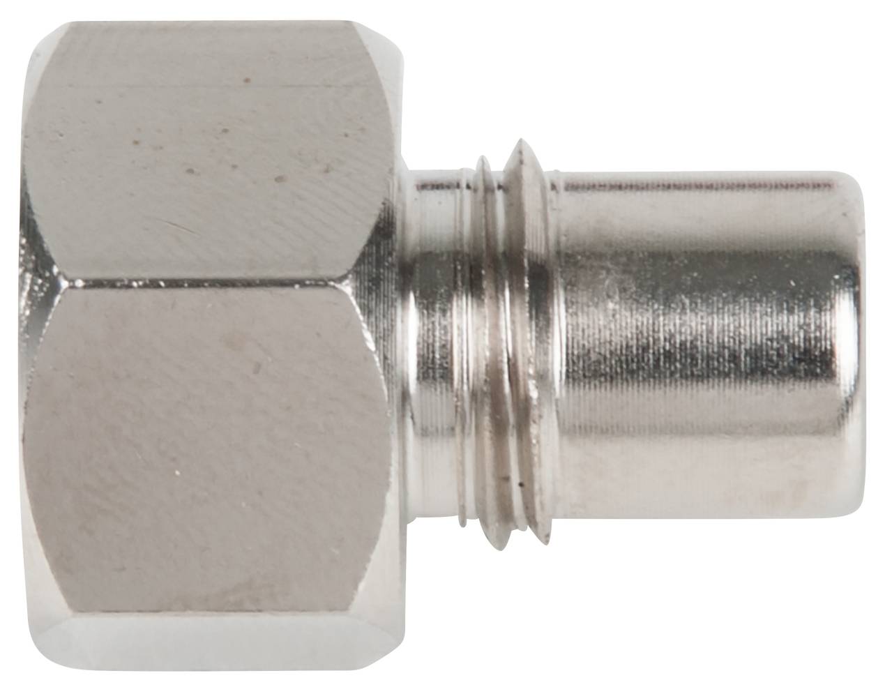 Metal connector with a hexagonal screw thread and cylindrical end, commonly used in technical applications.