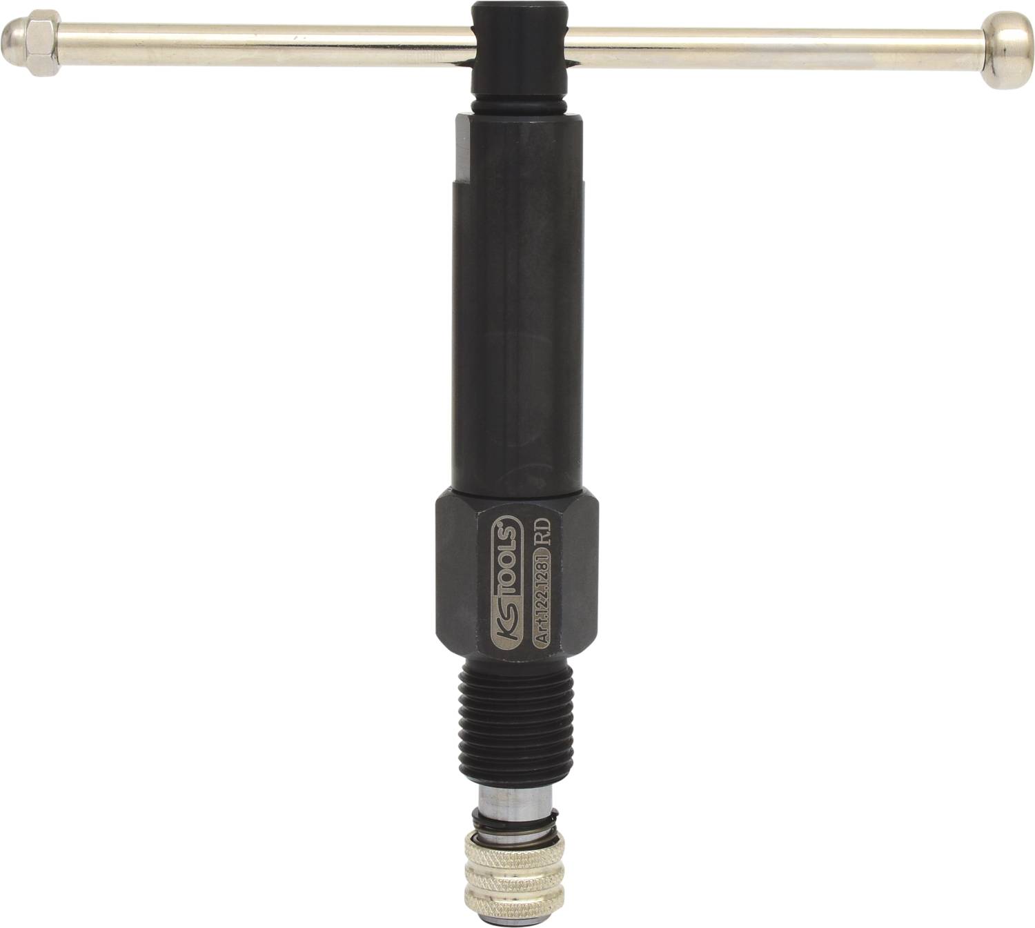 Tool for repairing threads, dark grey with a T-shaped metal handle, marked with 'KS Tools'.