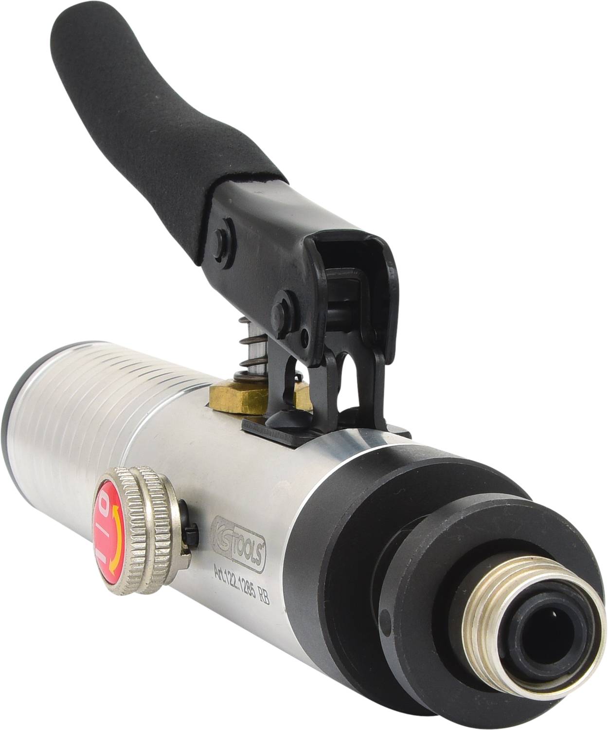 Silver pneumatic tool with a black handle and red accents, used for industrial applications and repairs.