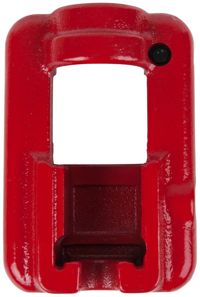 A red, rectangular metal object with a large, square opening in the centre and a small black dot in the top right corner.