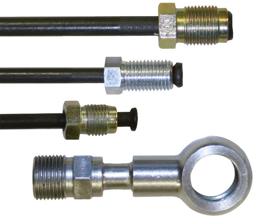 Four different brake hoses with varying connections and end pieces in a close-up shot.